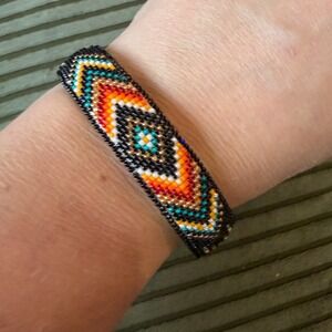 Handmade Southwestern Seed Bead Leather Lined Cuff Bracelet Geometric Boho Black